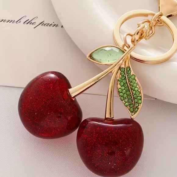 Cherry Keychain with Green Leaves & Gold - Red Accents - Picture 3 of 5